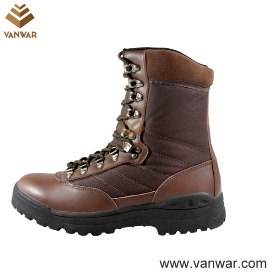 Unisex Brown Military Combat Boots of Leather and Fabric (WCB018)
